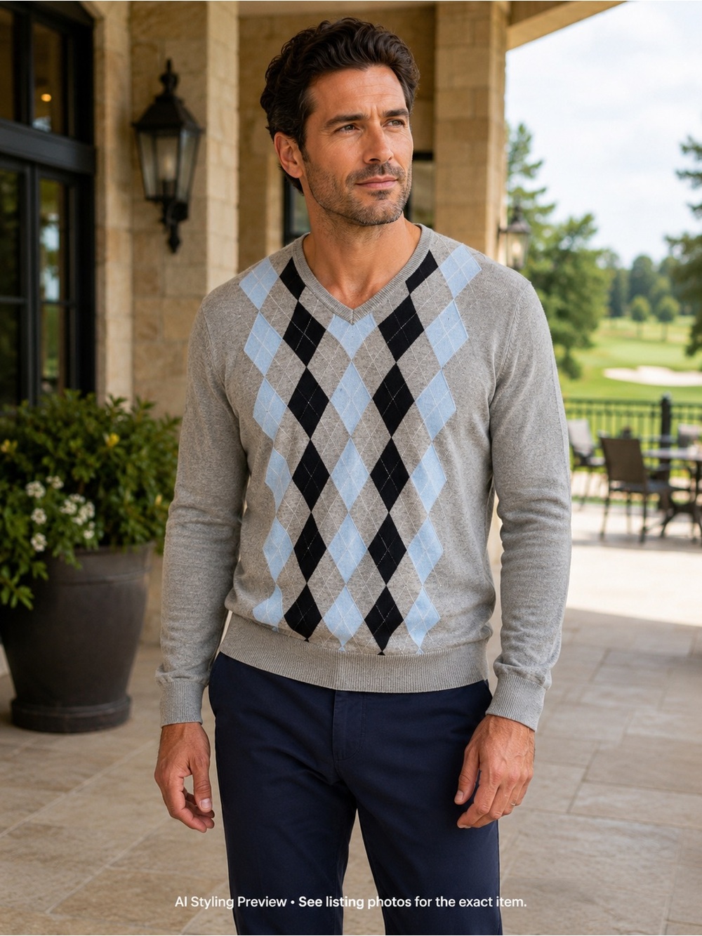 Wolsey Men’s XL 100% Cotton Argyle V-Neck Sweater Grey Blue Golf Preppy